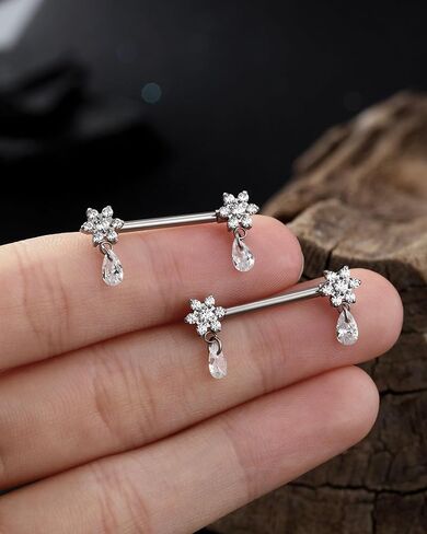 Jewseen G23 Implant Grade Titanium Nipple Rings 14G Internally Threaded Dangle Nipple Piercing jewelry Flower Nipple Barbell for Women in Saudi Arabia