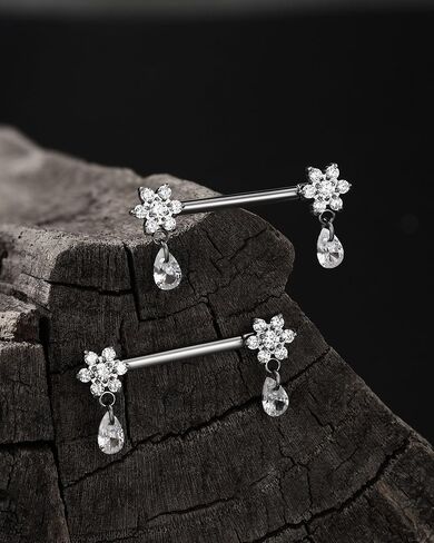 Jewseen G23 Implant Grade Titanium Nipple Rings 14G Internally Threaded Dangle Nipple Piercing jewelry Flower Nipple Barbell for Women in Saudi Arabia