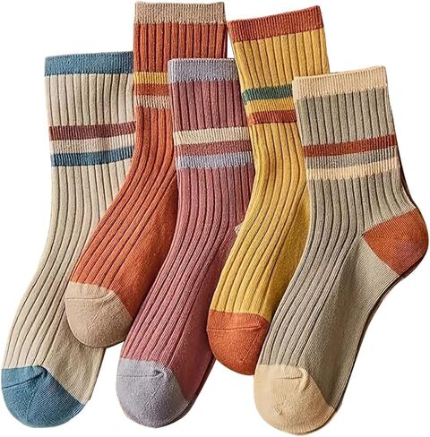 OYOANGLE Women's 5 Pair Color Block Striped Winter Crew Socks Fall Cute Socks Comfy Daily Wear Knitted Sock in Saudi Arabia