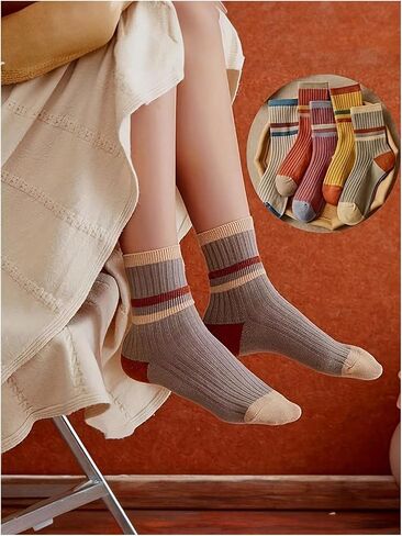 OYOANGLE Women's 5 Pair Color Block Striped Winter Crew Socks Fall Cute Socks Comfy Daily Wear Knitted Sock in Saudi Arabia