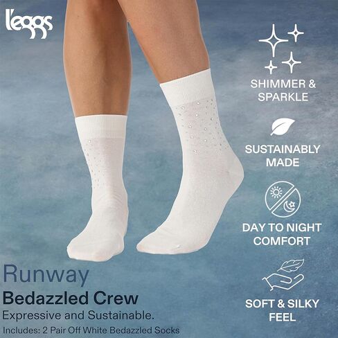 L'eggs Runway Women's Fashion Bedazzled Crew Socks| Breathable, Comfortable, Stretchy, Trendy Embellished| One Size | 2 Pack in Saudi Arabia
