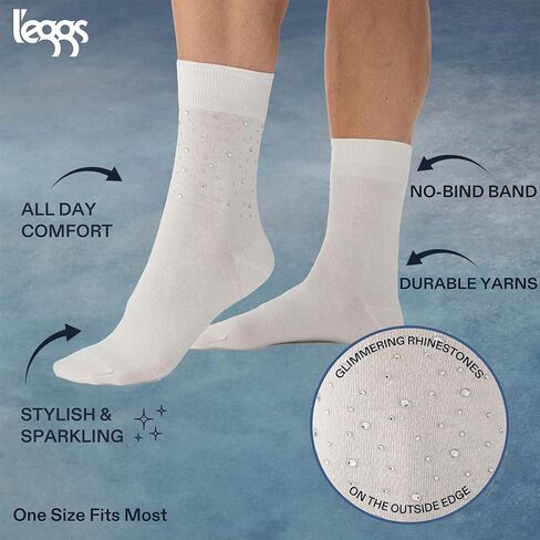 L'eggs Runway Women's Fashion Bedazzled Crew Socks| Breathable, Comfortable, Stretchy, Trendy Embellished| One Size | 2 Pack in Saudi Arabia
