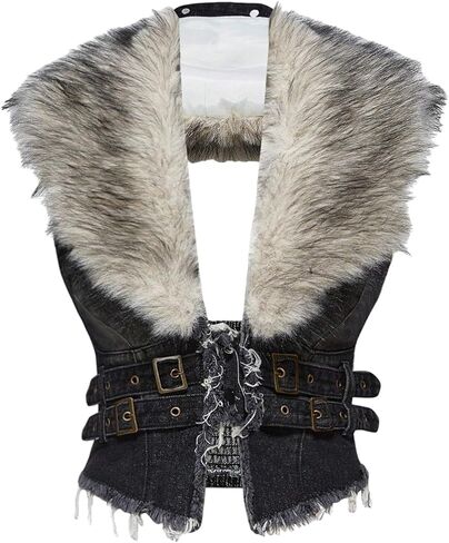 WDIRARA Women's Faux Fur Denim Vest Smocked Open Back Sleeveless Raw Trim Cropped Vest Jacket Grunge Punk in Saudi Arabia