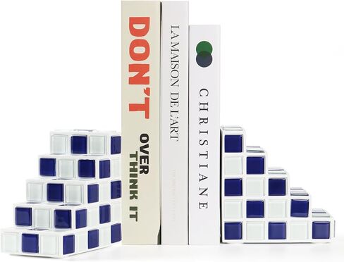 Decorative Bookends for Shelves - Stair Book Ends for Heavy Books - Unique Book Stopper & Holder for Shelves - Modern Home Decor Aesthetic Bookshelf Decor (Orange & White) in Saudi Arabia
