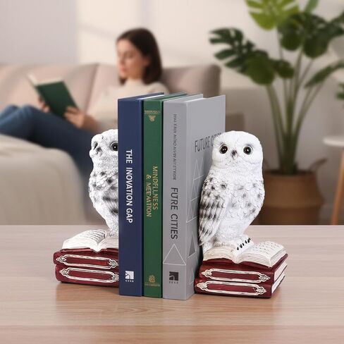 مساند كتب مزخرفة على شكل بومة، نهايات كتاب من الراتنج العتيق بقاعدة مضادة للانزلاق | سدادات كتب البومة الفريدة القابلة للتجميع للمكتب المنزلي والمكتبة (أبيض) in Kuwait