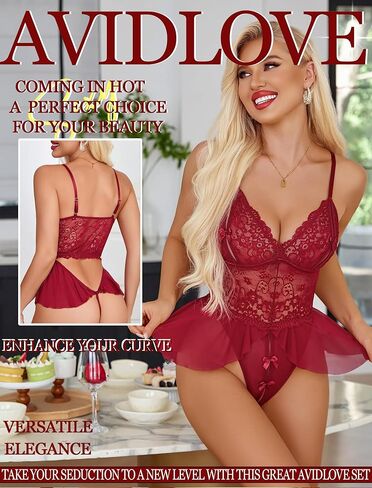 Avidlove Womens Lingerie Fishnet Dress Bodysuit and Lace Bodysuit Lingerie Dark Red in Saudi Arabia
