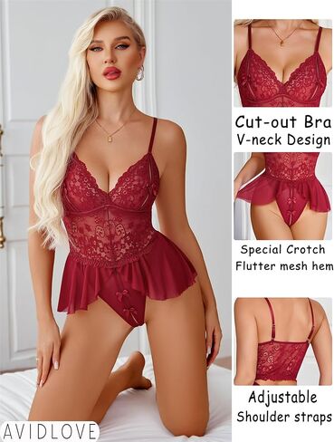 Avidlove Womens Lingerie Fishnet Dress Bodysuit and Lace Bodysuit Lingerie Dark Red in Saudi Arabia