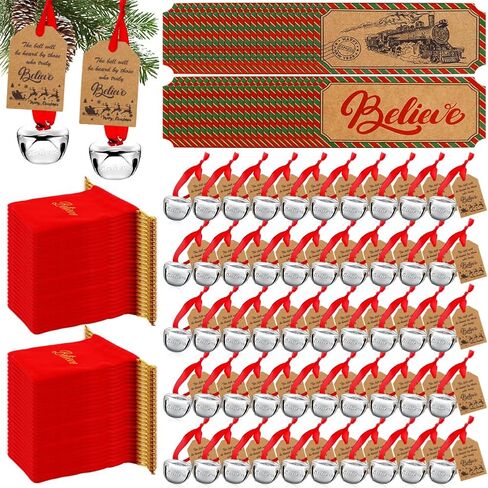 50Sets Christmas Bells Decor Christmas Believe Bell Ornaments Bulk for Express Bell Decorations with Tags Train Ticket Red Velvet Bag for Xmas Party Favors Santa Silver Sleigh Jingle Bells in Saudi Arabia