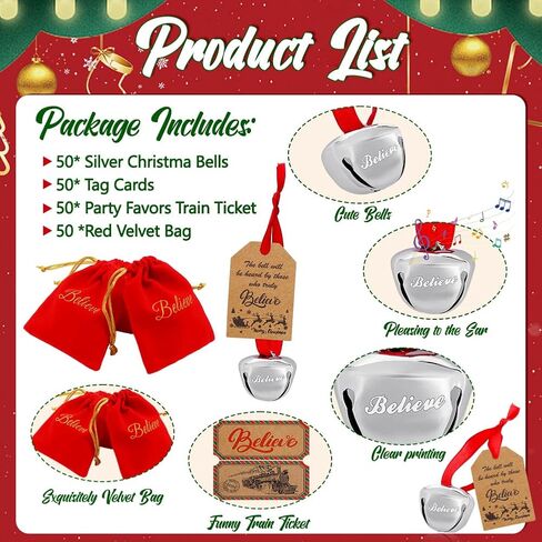 50Sets Christmas Bells Decor Christmas Believe Bell Ornaments Bulk for Express Bell Decorations with Tags Train Ticket Red Velvet Bag for Xmas Party Favors Santa Silver Sleigh Jingle Bells in Saudi Arabia