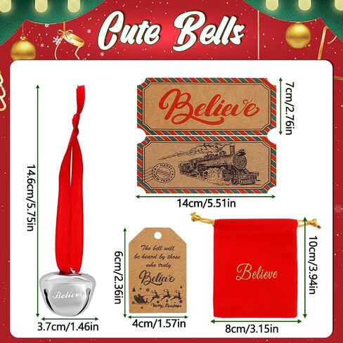 50Sets Christmas Bells Decor Christmas Believe Bell Ornaments Bulk for Express Bell Decorations with Tags Train Ticket Red Velvet Bag for Xmas Party Favors Santa Silver Sleigh Jingle Bells in Saudi Arabia