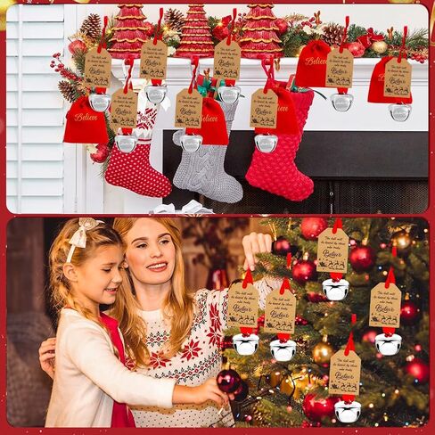 50Sets Christmas Bells Decor Christmas Believe Bell Ornaments Bulk for Express Bell Decorations with Tags Train Ticket Red Velvet Bag for Xmas Party Favors Santa Silver Sleigh Jingle Bells in Saudi Arabia