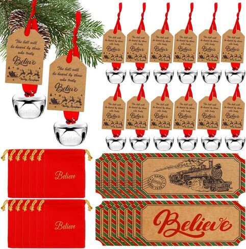 50Sets Christmas Bells Decor Christmas Believe Bell Ornaments Bulk for Express Bell Decorations with Tags Train Ticket Red Velvet Bag for Xmas Party Favors Santa Silver Sleigh Jingle Bells in Saudi Arabia