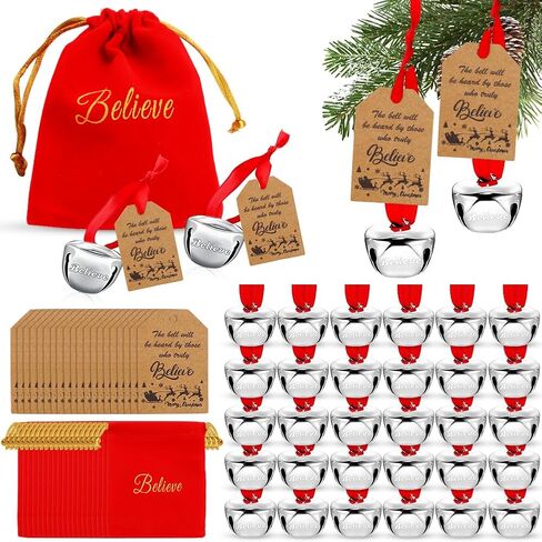 50Sets Christmas Bells Decor Christmas Believe Bell Ornaments Bulk for Express Bell Decorations with Tags Train Ticket Red Velvet Bag for Xmas Party Favors Santa Silver Sleigh Jingle Bells in Saudi Arabia