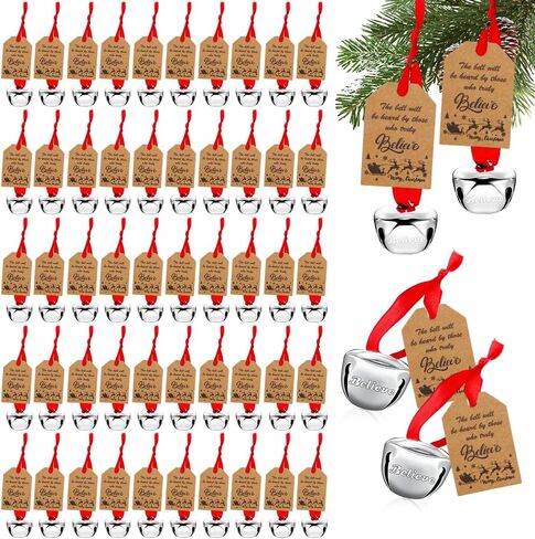50Sets Christmas Bells Decor Christmas Believe Bell Ornaments Bulk for Express Bell Decorations with Tags Train Ticket Red Velvet Bag for Xmas Party Favors Santa Silver Sleigh Jingle Bells in Saudi Arabia