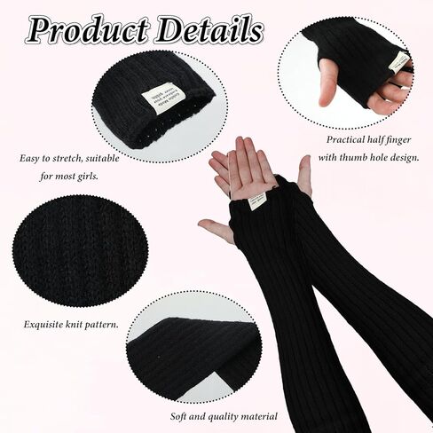 Cotton Blend Arm Warmers, Fingerless Long Sleeve Y2K Gothic Punk Hip Hop Knitted, Black White, Regular Size in Saudi Arabia