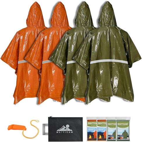 Emergency Poncho [4PC][Retains 90% Body Heat] Rain Poncho Survival Poncho, Hands-Free with Hood, Waterproof Thermal Mylar Emergency Blanket Raincoat for Outdoors Camping Hiking Car in Saudi Arabia