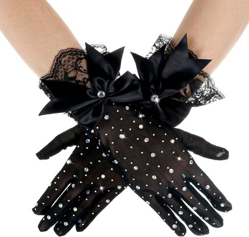Black Lace Gloves, Elegant Short Tea Party Gloves Rhinestone Halloween Mitten for Women Wedding Prom Evening Party Funeral in Saudi Arabia