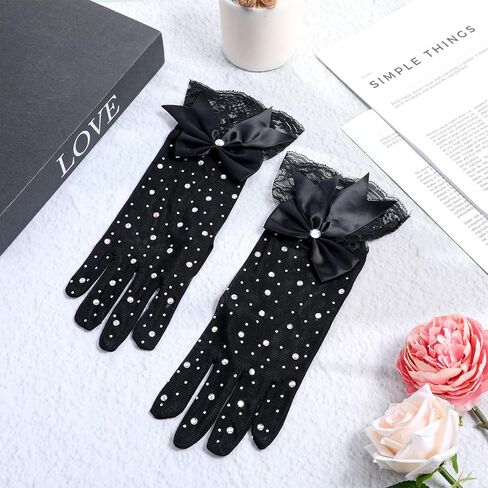 Black Lace Gloves, Elegant Short Tea Party Gloves Rhinestone Halloween Mitten for Women Wedding Prom Evening Party Funeral in Saudi Arabia