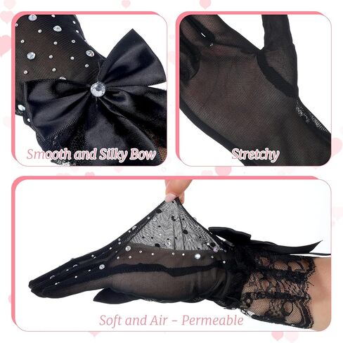 Black Lace Gloves, Elegant Short Tea Party Gloves Rhinestone Halloween Mitten for Women Wedding Prom Evening Party Funeral in Saudi Arabia