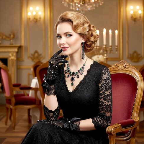 Black Lace Gloves, Elegant Short Tea Party Gloves Rhinestone Halloween Mitten for Women Wedding Prom Evening Party Funeral in Saudi Arabia