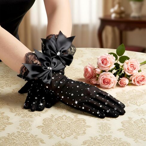 Black Lace Gloves, Elegant Short Tea Party Gloves Rhinestone Halloween Mitten for Women Wedding Prom Evening Party Funeral in Saudi Arabia
