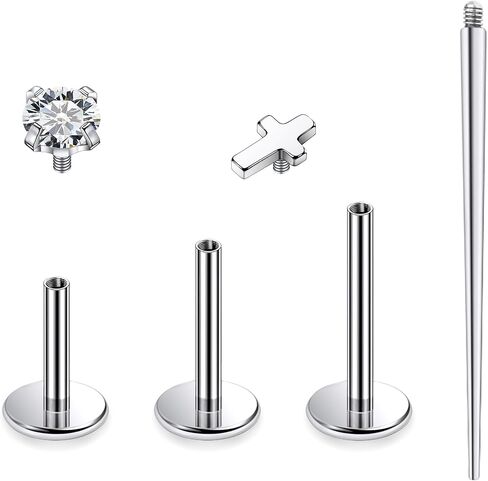 Ruifan Titanium Flat Back Lip Rings Internally Threaded Earrings Studs Nose Rings 16G Cross Curve Stripe Tragus CZ Cartilage Lobe Rook Helix Conch Labret Medusa Piercing Jewelry for Women Men in Saudi Arabia