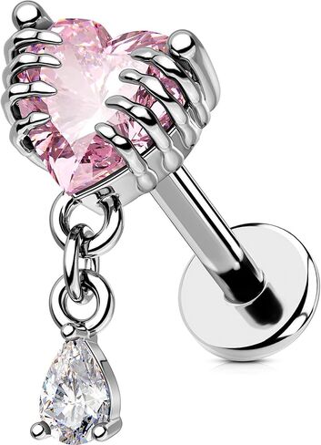 OUFER 16G 6mm Skeleton Hand Heart CZ Dangle Cartilage Earring – Internally Threaded Flat Back Helix Piercing Jewelry for Men & Women in Saudi Arabia