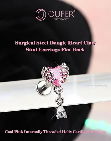 OUFER 16G 6mm Skeleton Hand Heart CZ Dangle Cartilage Earring – Internally Threaded Flat Back Helix Piercing Jewelry for Men & Women in Saudi Arabia