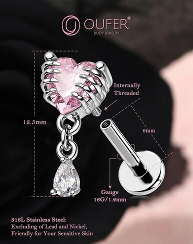 OUFER 16G 6mm Skeleton Hand Heart CZ Dangle Cartilage Earring – Internally Threaded Flat Back Helix Piercing Jewelry for Men & Women in Saudi Arabia
