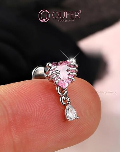 OUFER 16G 6mm Skeleton Hand Heart CZ Dangle Cartilage Earring – Internally Threaded Flat Back Helix Piercing Jewelry for Men & Women in Saudi Arabia