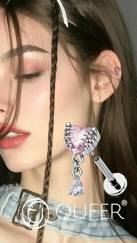 OUFER 16G 6mm Skeleton Hand Heart CZ Dangle Cartilage Earring – Internally Threaded Flat Back Helix Piercing Jewelry for Men & Women in Saudi Arabia