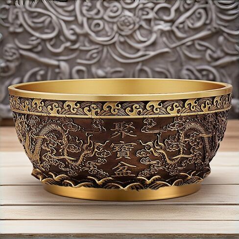 Feng Shui Money Bowl Solid Brass, 415g 0.92lbs Double Prosperity Dragons and Abundance Lotus Base, 4.7x4.7x2 Inch 12x12x6.3cm Wealth Vault with Fortune Inscriptions, Office Desk Altar Sacred Decor in Saudi Arabia