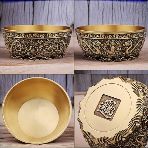 Feng Shui Money Bowl Solid Brass, 415g 0.92lbs Double Prosperity Dragons and Abundance Lotus Base, 4.7x4.7x2 Inch 12x12x6.3cm Wealth Vault with Fortune Inscriptions, Office Desk Altar Sacred Decor in Saudi Arabia