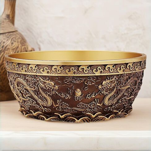 Feng Shui Money Bowl Solid Brass, 415g 0.92lbs Double Prosperity Dragons and Abundance Lotus Base, 4.7x4.7x2 Inch 12x12x6.3cm Wealth Vault with Fortune Inscriptions, Office Desk Altar Sacred Decor in Saudi Arabia