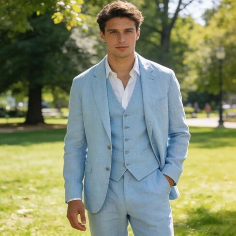 Men Suits Linen Beach Wedding Suits 3 Piece Groomsmen Attire Linen Blazer Vest Pant Prom Tuxedo in Saudi Arabia
