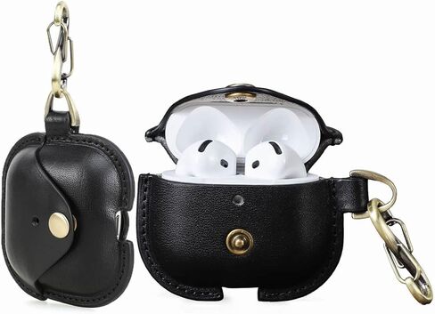 Hiram Full Grain Leather AirPods 4 Case Cover, Wireless Bluetooth Earphone Protective Holder Compatible with Airpods 4th Generation 2024, with Keychain Hook and Metal Snap in Saudi Arabia