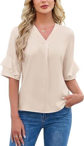 Blooming Jelly Womens Dressy Casual Tops Ruffle 3/4 Length Sleeve Business Blouses Summer V Neck Work Shirts 2026 in Saudi Arabia