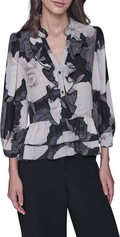 Karl Lagerfeld Womens Long Sleeve V-Neck Floral Printed Blouse in Saudi Arabia