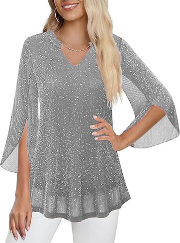 Women's Sparkly Sequin Tunic Tops 3/4 Sleeve Mesh Glitter Party Dressy Blouse V-Neck Disco Evening Party Shirt in Saudi Arabia