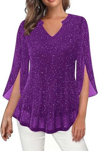 Women's Sparkly Sequin Tunic Tops 3/4 Sleeve Mesh Glitter Party Dressy Blouse V-Neck Disco Evening Party Shirt in Saudi Arabia