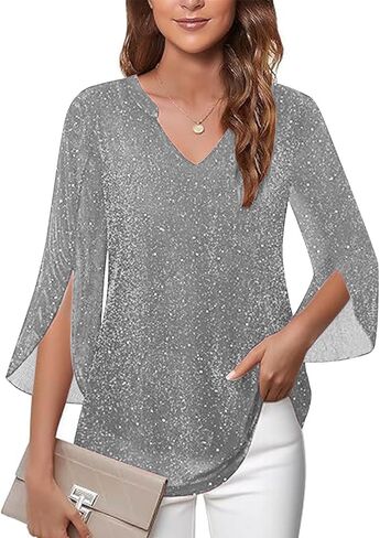 Women's Sparkly Sequin Tunic Tops 3/4 Sleeve Mesh Glitter Party Dressy Blouse V-Neck Disco Evening Party Shirt in Saudi Arabia