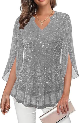 Women's Sparkly Sequin Tunic Tops 3/4 Sleeve Mesh Glitter Party Dressy Blouse V-Neck Disco Evening Party Shirt in Saudi Arabia