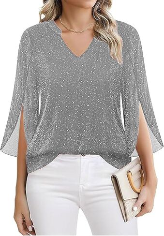 Women's Sparkly Sequin Tunic Tops 3/4 Sleeve Mesh Glitter Party Dressy Blouse V-Neck Disco Evening Party Shirt in Saudi Arabia