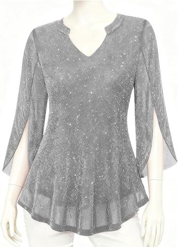 Women's Sparkly Sequin Tunic Tops 3/4 Sleeve Mesh Glitter Party Dressy Blouse V-Neck Disco Evening Party Shirt in Saudi Arabia