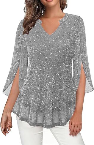 Women's Sparkly Sequin Tunic Tops 3/4 Sleeve Mesh Glitter Party Dressy Blouse V-Neck Disco Evening Party Shirt in Saudi Arabia