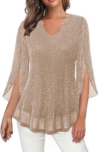 Women's Sparkly Sequin Tunic Tops 3/4 Sleeve Mesh Glitter Party Dressy Blouse V-Neck Disco Evening Party Shirt in Saudi Arabia