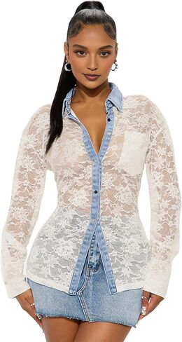 Women's Denim Patchwork Lace Blouse Stylish Casual Sheer Elegant Summer Top Tie-Neck Button-Up Denim Patchwork Shirt in Saudi Arabia