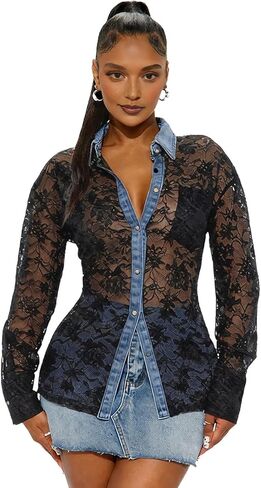 Women's Denim Patchwork Lace Blouse Stylish Casual Sheer Elegant Summer Top Tie-Neck Button-Up Denim Patchwork Shirt in Saudi Arabia