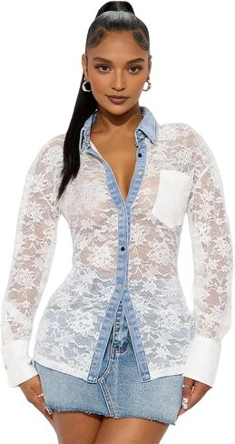 Women's Denim Patchwork Lace Blouse Stylish Casual Sheer Elegant Summer Top Tie-Neck Button-Up Denim Patchwork Shirt in Saudi Arabia