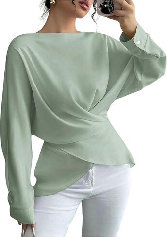 SOLY HUX Women's Criss Cross Wrap Tops Boat Neck Long Sleeve Tie Back Elegant Dressy Blouse in Kuwait